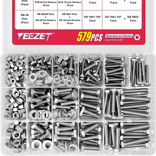 Csavar és anya válogató készletek |   579 darabos Csavar és Anyacsavar Készlet 1/4-20 5/16-18 3/8-16 Rozsdamentes Acél 18-8 Nehéz Teherbírású Hatszögletű Csavarok, Anyák, Alátétek Vegyes Készlet, Tartalmazza a 15 Leggyakoribb Méretet Csavar és anya válogató készletek Csavar és anya válogató készletek