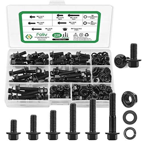 Csavar és anya válogató készletek |   M6 Flange Csavar, 228 db M6-1.0 Hex Csavarok, Anyák, Alátétek Készlet, Teljesen Durva Menet, Fekete Csavar és anya válogató készletek Csavar és anya válogató készletek
