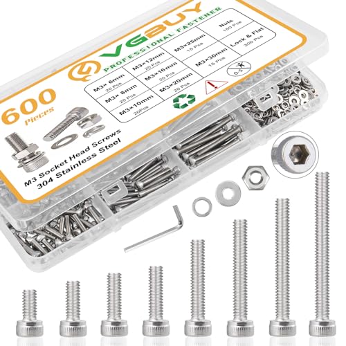 Csavarok |   600 db M3 csavar válogató készlet, M3 csavarok (8 méret 6-30 mm) 3D nyomtató DIY-hoz, hatszögletű fejű csavarok, anyák és alátétek készlet, 304 rozsdamentes acél, M3 x 6/8/10/12/16/20/25/30 mm Csavarok Csavarok