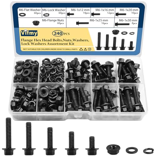 Csavarok |   M6-1.0 X 12/16/20/25/30Mm Flancos Hatszögletű Csavar Készlet (240 Darab) Fogazott Flancos Anyákkal, Alátétekkel és Záróspring Alátétekkel, Hatszögletű Csavar, Ötvözött Acél Fekete Oxid Bevonattal, Teljes Menettel Csavarok Csavarok