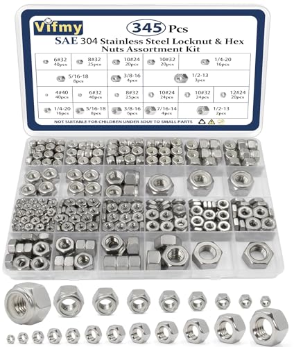 Diók |   Sae Hex Anyák és Záróanyák Készlet (345 db), 4#40 6#32 8#32 10#24 10#32 12#24 1/4-20 5/16-18 3/8-16 7/16-14 1/2-13 304 Rozsdamentes Acél Hardver Készlet, Hex Anyák Készlet Nylon Záróanyákkal Diók Diók