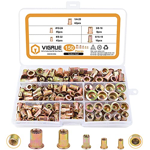 Menetes betétek |   150 db #8-32 #10-24 1/4″-20 5/16″-18 3/8″-16 szénacél, nem zárható retesz anyák válogatott készlet, sárga cink bevonattal, lapos fejű menetes betét anya válogatás Menetes betétek Menetes betétek