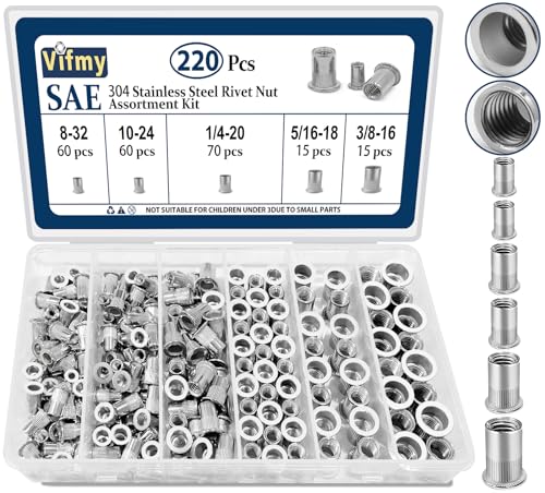 Menetes betétek |   Sae Rivet Nut Készlet (220 db), #8-32, #10-24, 1/4″-20, 5/16″-18, 3/8″-16, 304 Rozsdamentes Acél Lapfejű Rivnut Készlet, Rivnut Menetes Betét Anyás Menetes betétek Menetes betétek