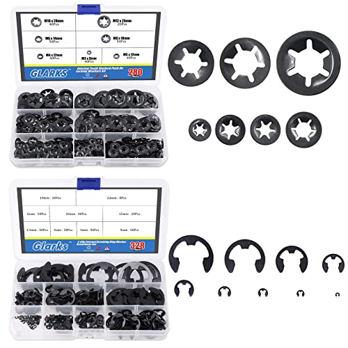 Rögzítőgyűrűk |   Glarks 28 darabos belső fogazású gyorscsatoló rögzítő készlet + 328 darab 9 méretű fekete ötvözött acél E-gyűrű külső rögzítőgyűrű mosó készlet Rögzítőgyűrűk Rögzítőgyűrűk