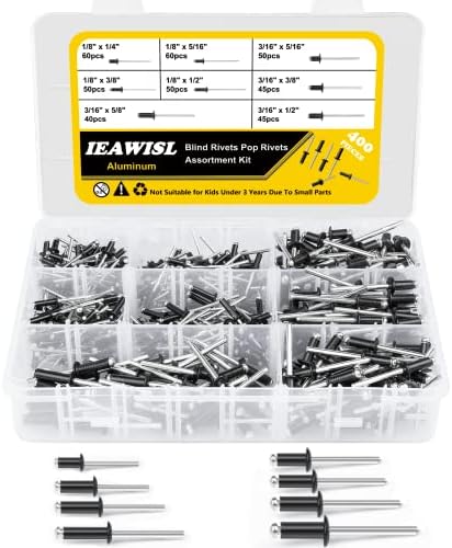 Rögzítők |   400 db Rögzítő, Pop Rögzítők Alumínium 8 Méretben Vak Rögzítő Készlet (1/8″ 3/16″), Fekete Rögzítők Vegyes Vak Rögzítők Repülőgépekhez, Hajókhoz, Sínekhez és DIY Projektekhez Rögzítők Rögzítők